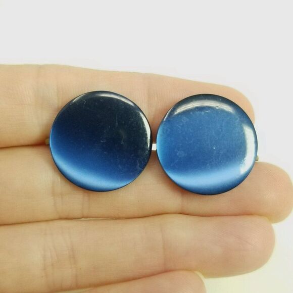 Vintage Dark Blue Lucite Plastic Disc Clip On Earrings, Round, Screw Backs - Picture 6 of 7
